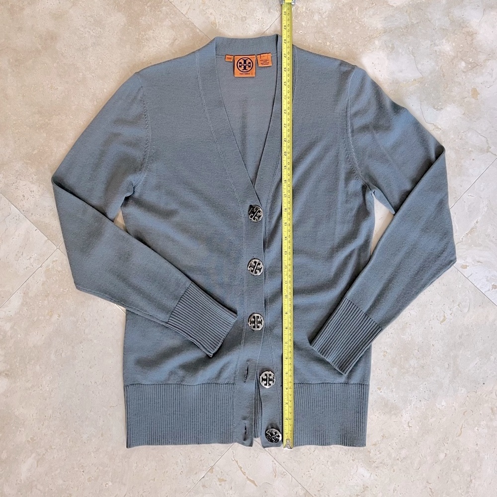 Tory Burch Light Weight Wool Cardigan with Silver Logo Buttons - Picture 6 of 10